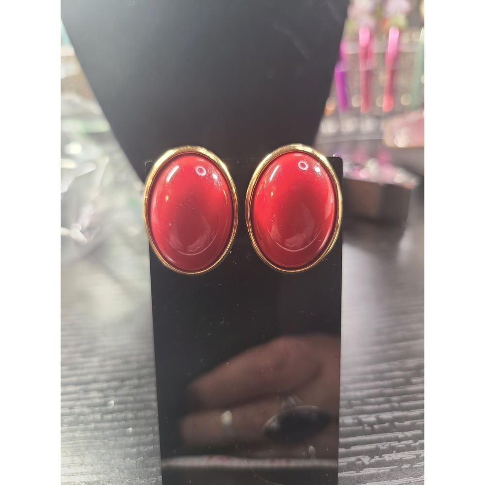 Vintage Trifari Red Cabochon Earrings – Gold Tone Button Studs –Trifari Pierced